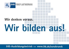 Werbeplakat der IHK Osnabrück mit dem Slogan "Wir denken voraus. Wir bilden aus!" auf weißem Hintergrund.