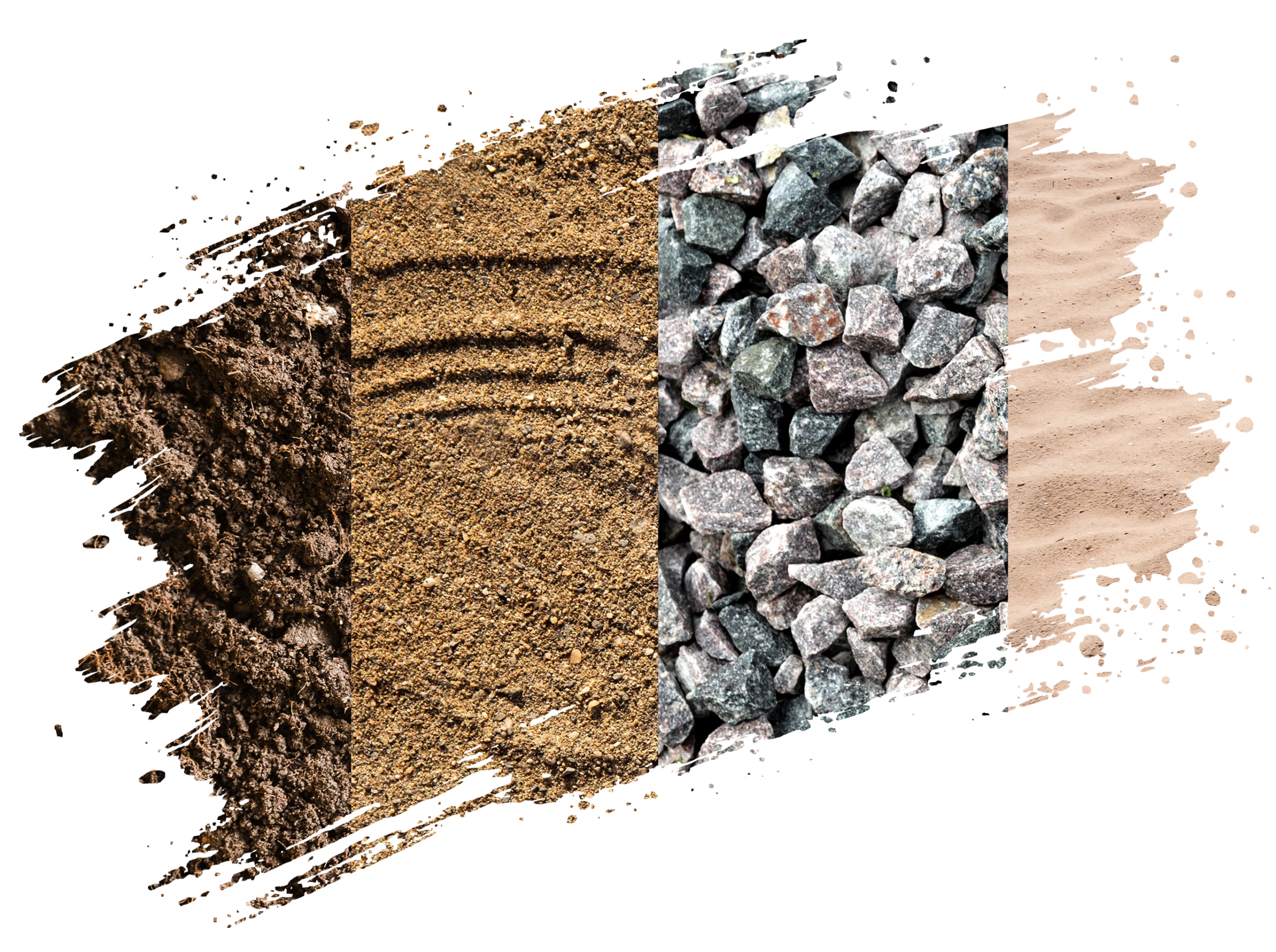 Vier Materialien: Erde, Sand, Kies und feiner Sand, nebeneinander in unterschiedlichen Texturen und Farben.