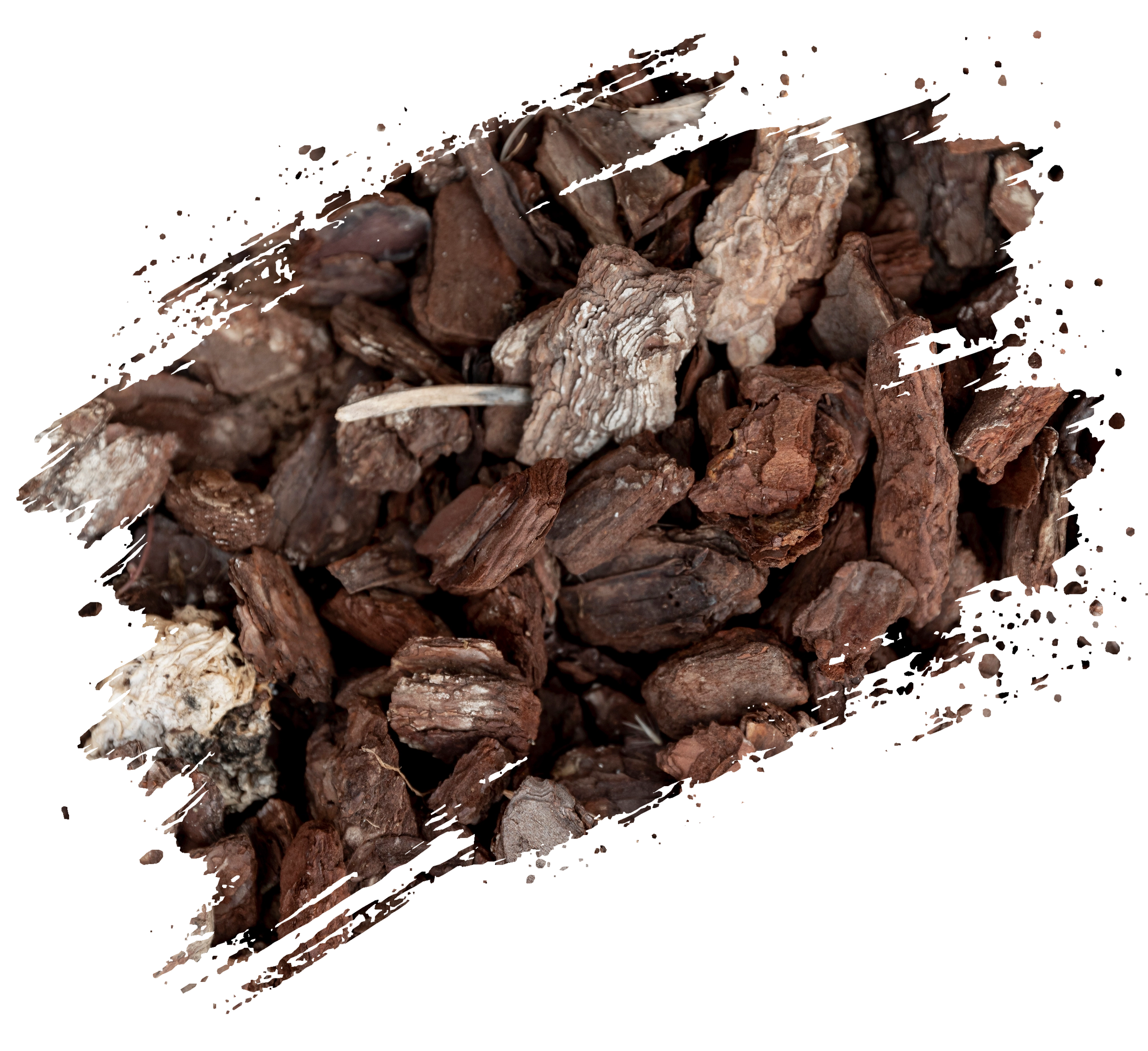 Nahaufnahme von Rindenmulch in verschiedenen Brauntönen, zeigt raue und unregelmäßige Holztexturen.